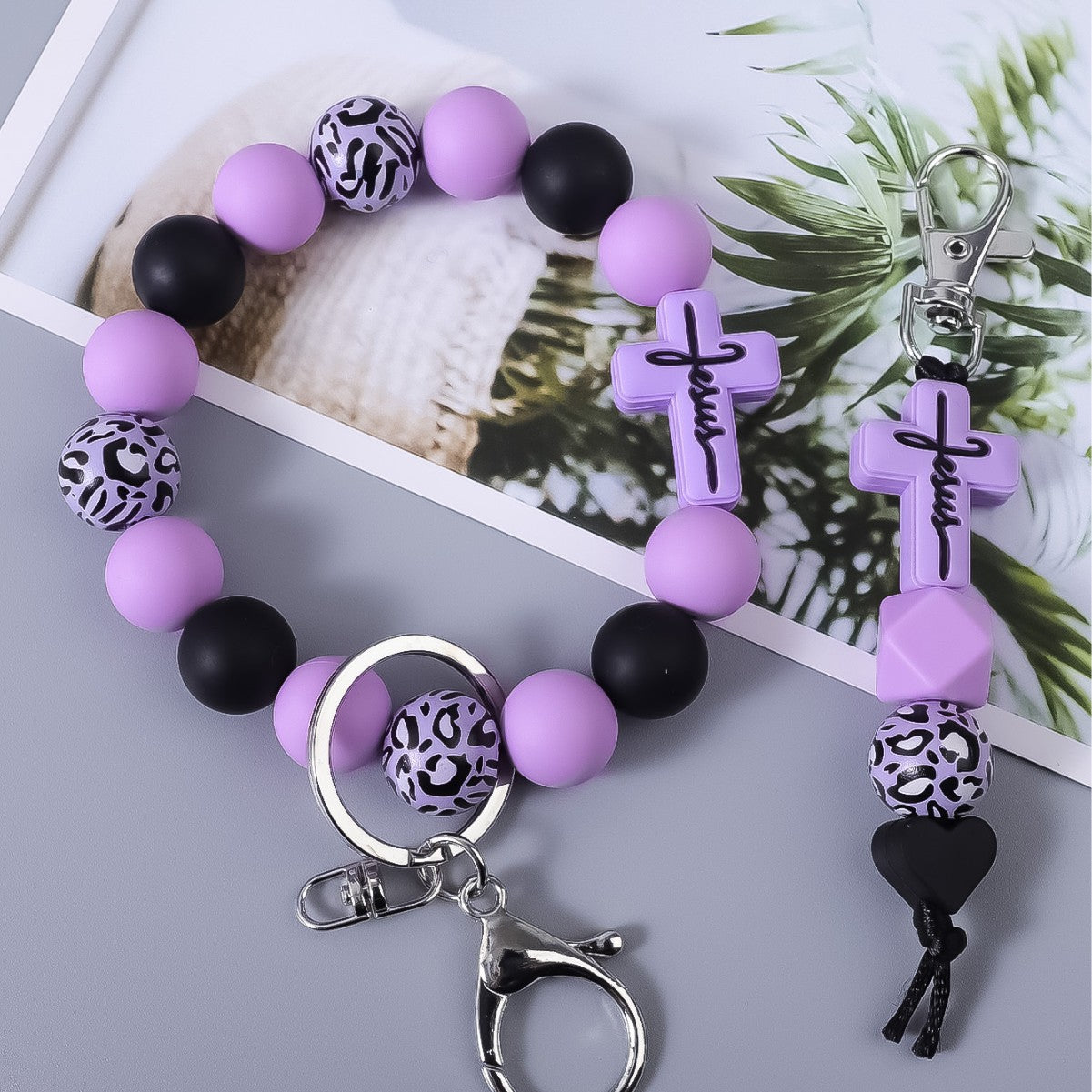 Wholesale Cross Silicone Leopard Print Wooden Bead Keychain